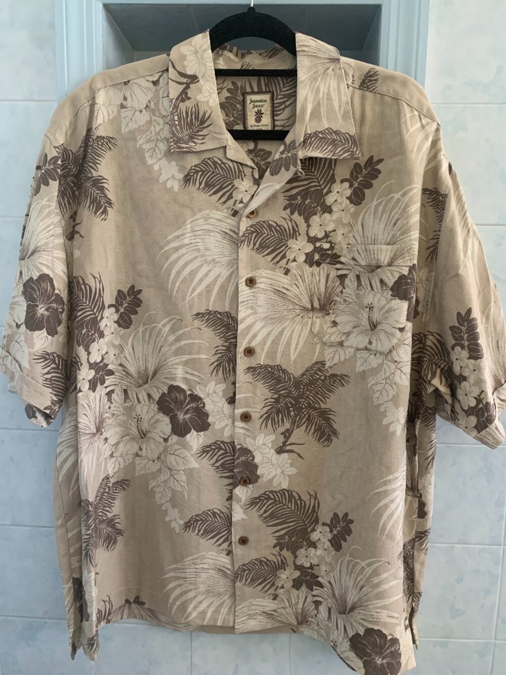 NWT Gorgeous Tan Men's XXL SILK Jamaica Jaxx Tropical Shirt Palm Trees, Hibiscus